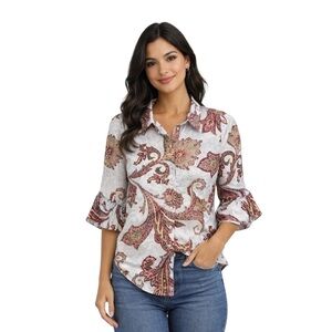 Robert Graham Paisley Embroidered Button Front Shirt Medium 3/4 Sleeves